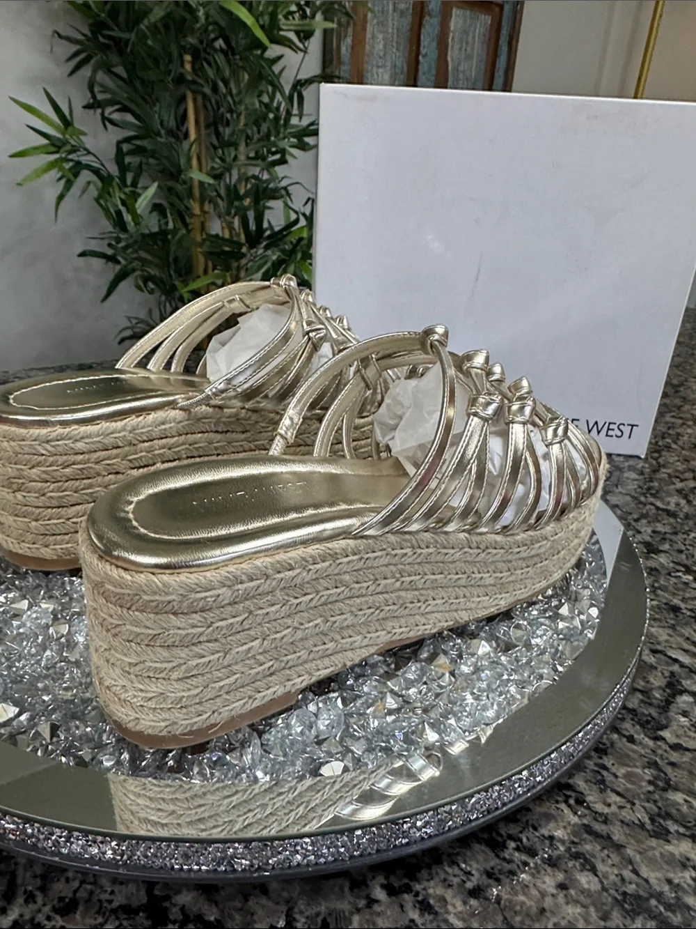 Nine West Metallic Gold Braided Espadrille Platform Slides NEW 8